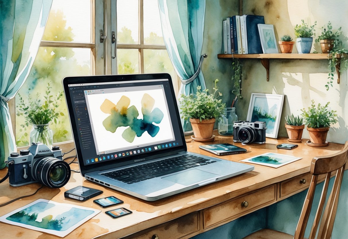 A person sitting at a desk with a laptop and photography equipment, learning new software in a cozy room with natural light.