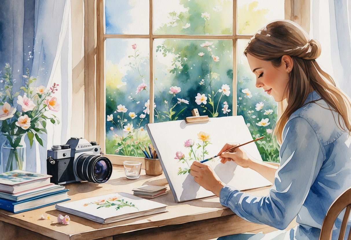 A peaceful indoor scene showing a person painting with watercolors near a window overlooking a garden, with a vintage camera and photo albums on a wooden table.