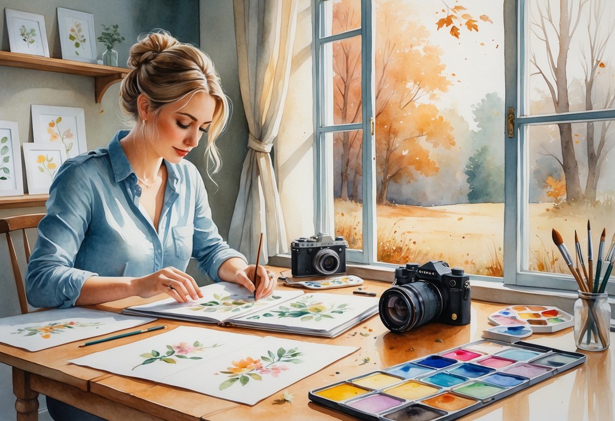 A wedding photographer working in a cozy studio surrounded by photo prints and art supplies with an autumn landscape visible through the window.