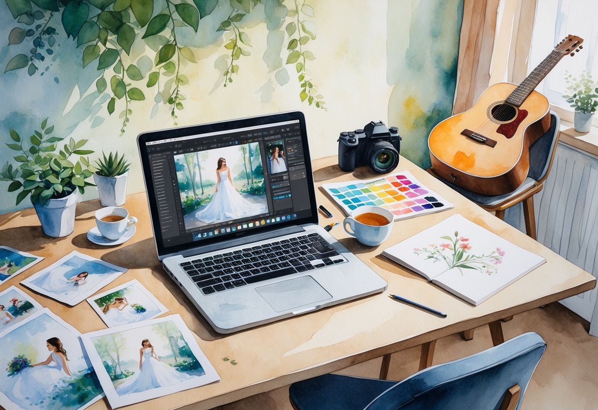 A person working on photo editing at a laptop surrounded by wedding photos and creative tools in a cozy indoor workspace.