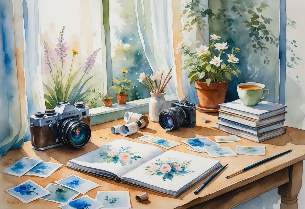 A cozy workspace with a vintage camera, photo prints, sketchbook, watercolor paints, a small indoor garden, books, and a cup of tea near a softly lit window.