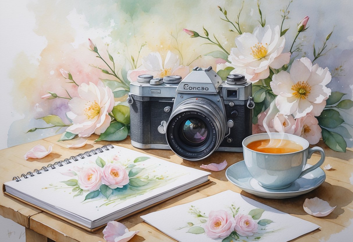A vintage camera on a wooden table surrounded by flowers, a sketchbook with drawings, and a cup of tea.