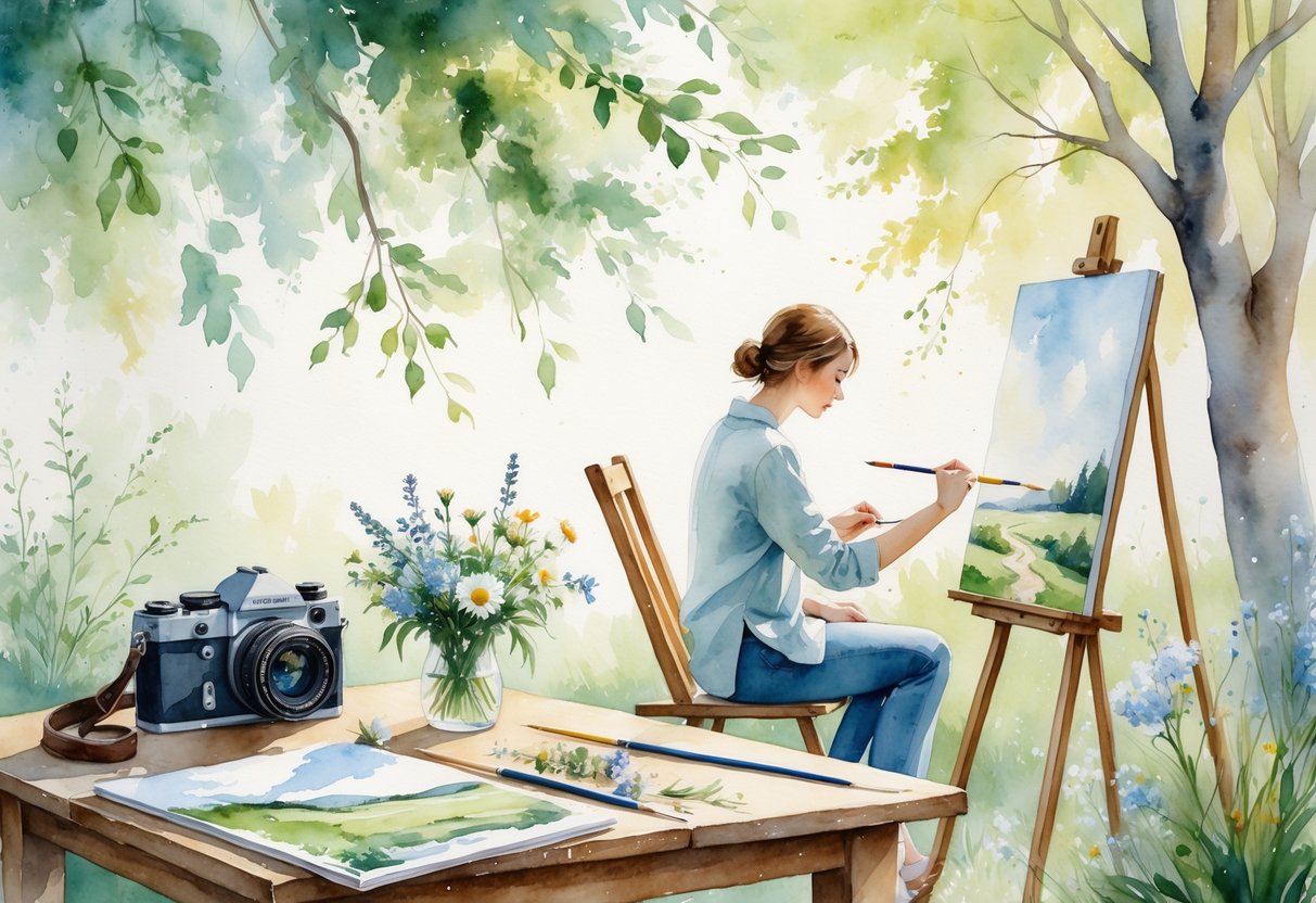A peaceful outdoor scene with a person painting on a canvas, a vintage camera on a table, art supplies, and soft natural light filtering through trees.