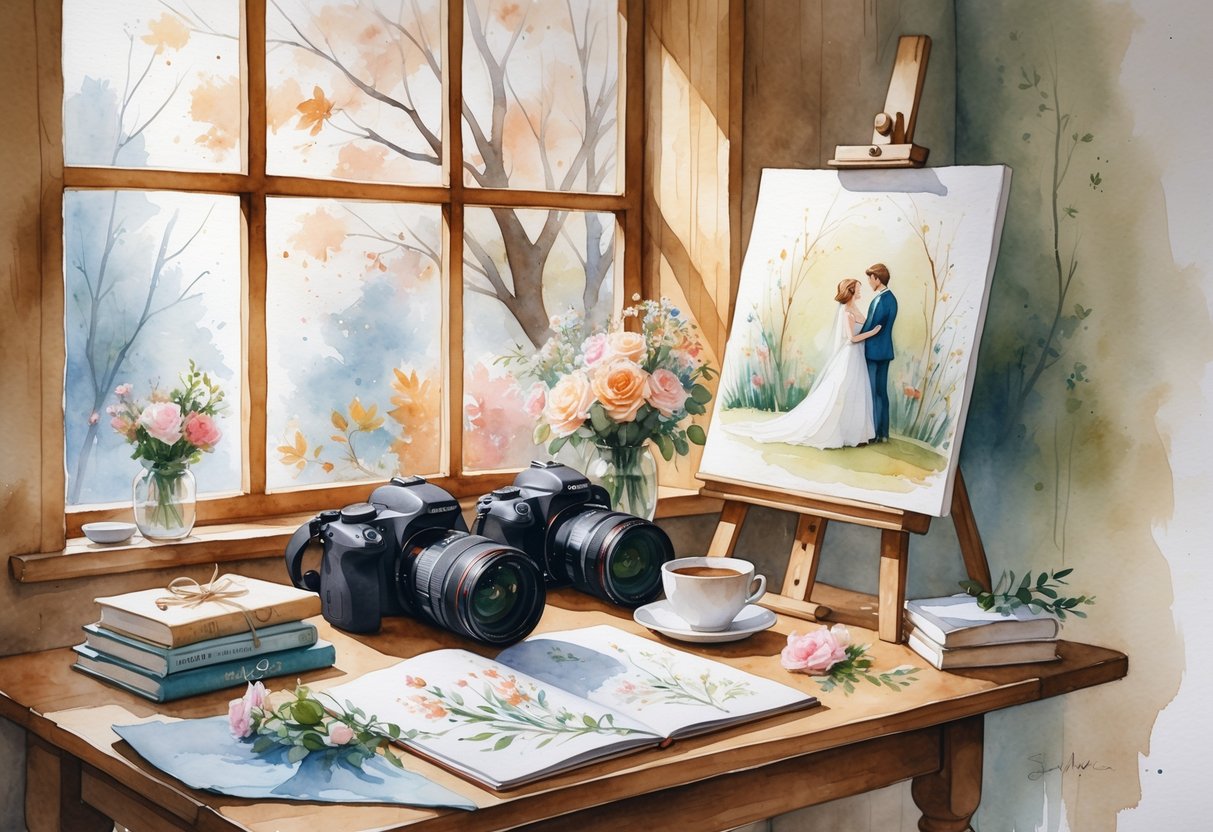 A peaceful indoor scene showing a table with photography equipment, art supplies, and seasonal flowers near a window with autumn and winter plants outside.