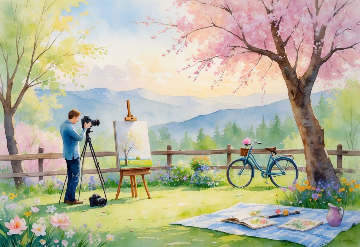 A person outdoors surrounded by flowers, painting on an easel, reading a book, and gardening with a bicycle nearby and mountains in the background.