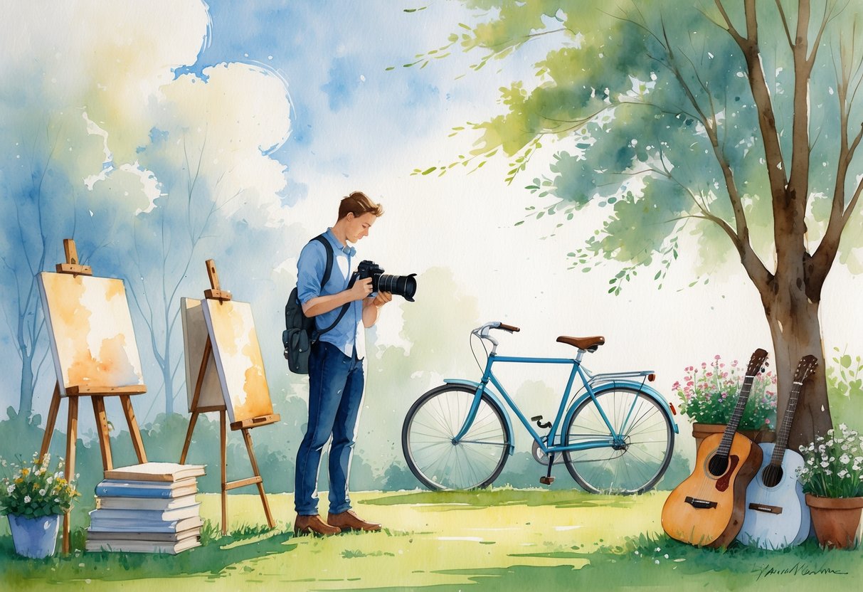 A wedding photographer outdoors surrounded by items representing hobbies like painting, gardening, cycling, reading, and playing music.