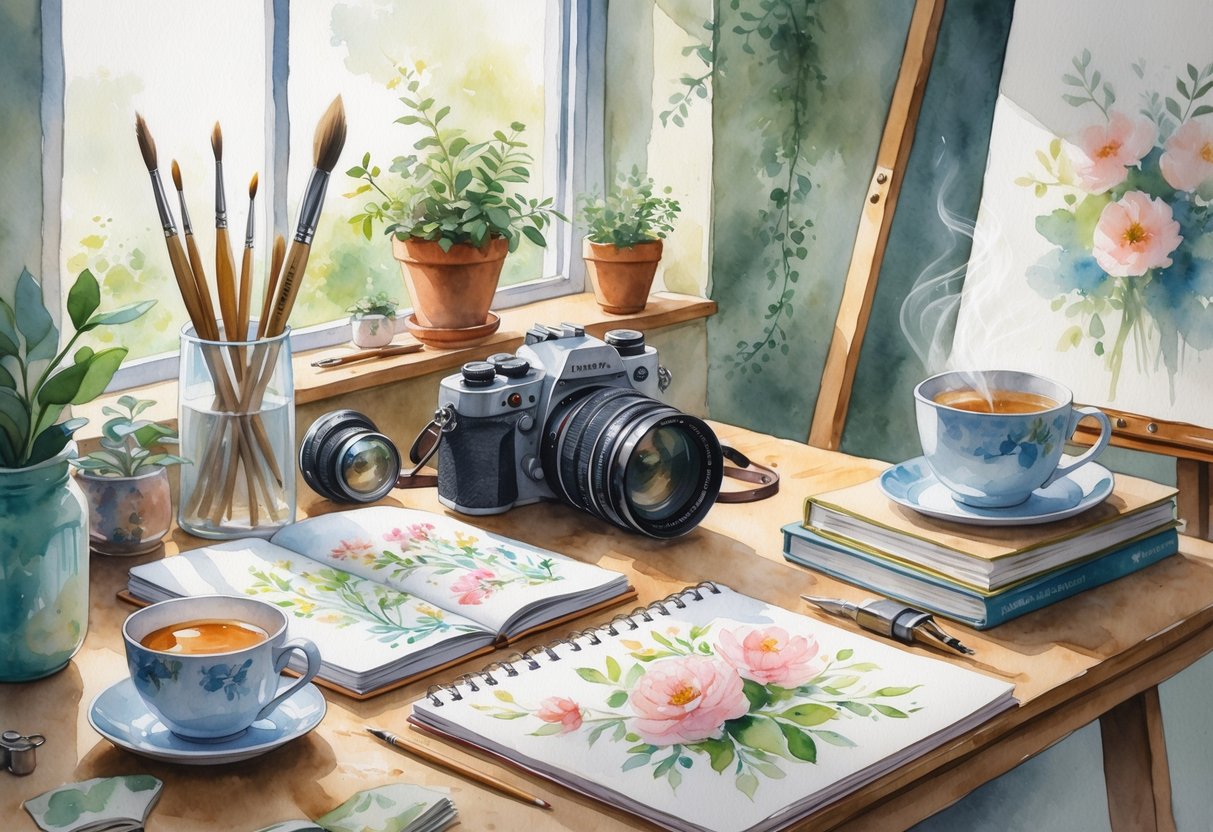 An indoor scene showing a camera on a table with art supplies, a sketchbook, a cup of tea, a potted plant, and books near a window with soft natural light.