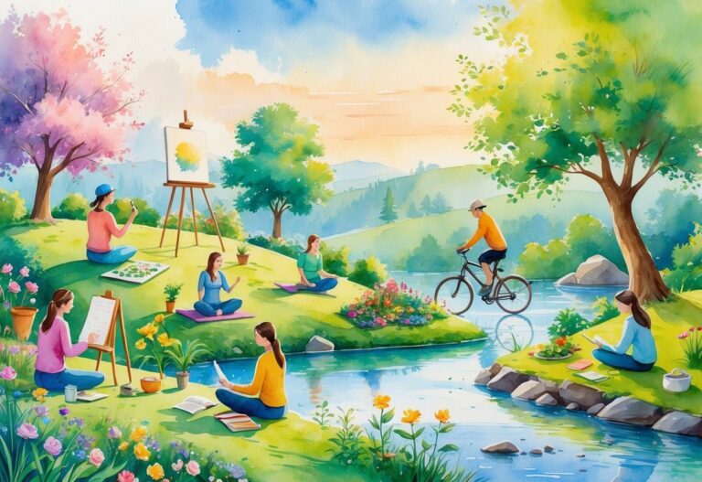 A peaceful outdoor scene showing people engaged in various hobbies like painting, yoga, reading, gardening, cycling, playing guitar, sketching, meditating, cooking, and photographing nature.