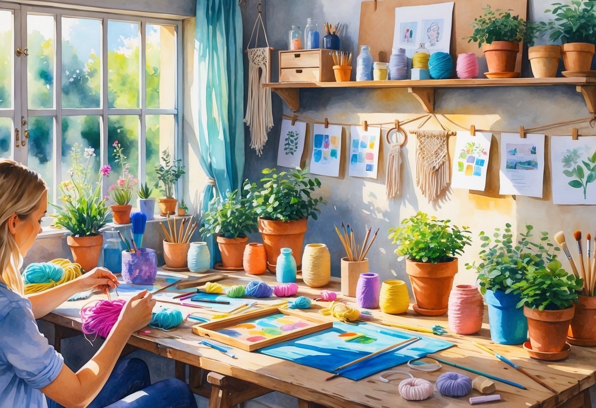 A cozy room with a wooden table covered in craft supplies and handmade home décor items, bathed in soft natural light.