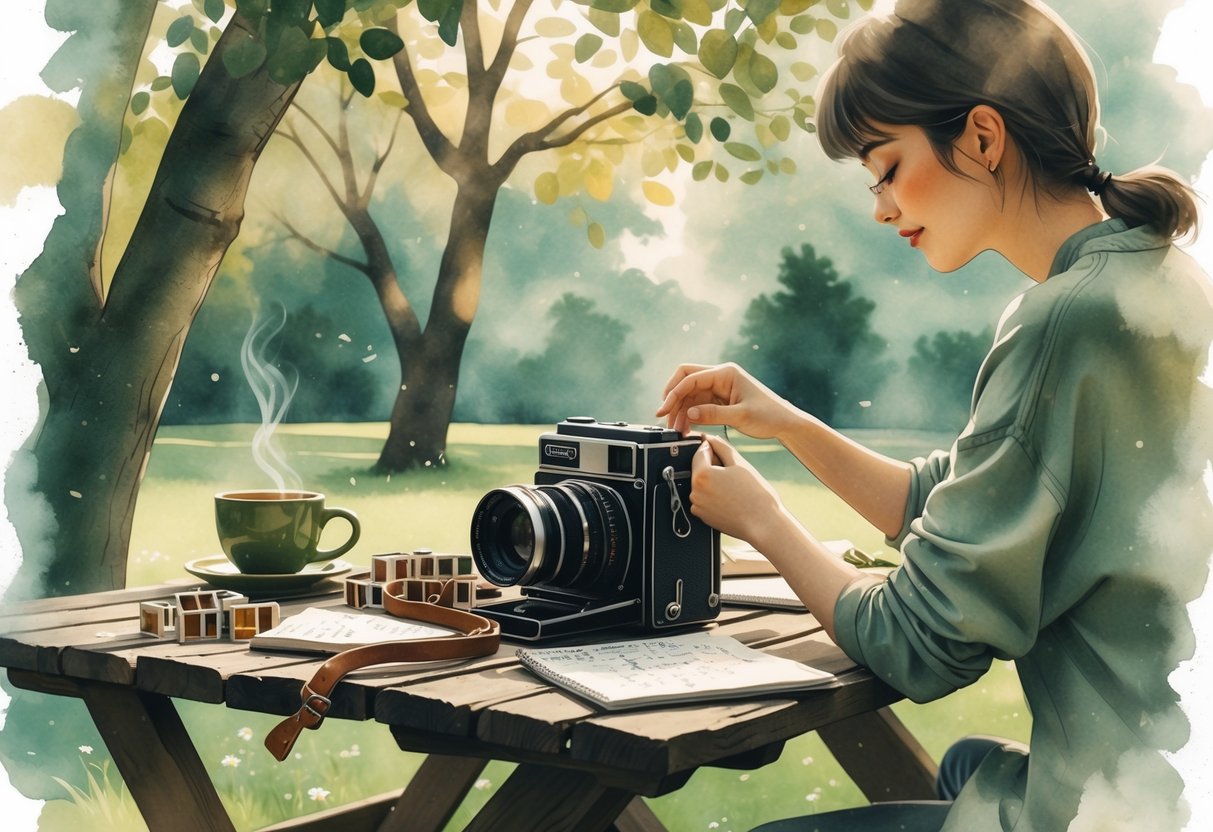 A person adjusting a vintage film camera on a wooden picnic table outdoors, surrounded by film rolls, a notebook, and a cup of tea in a peaceful park setting.