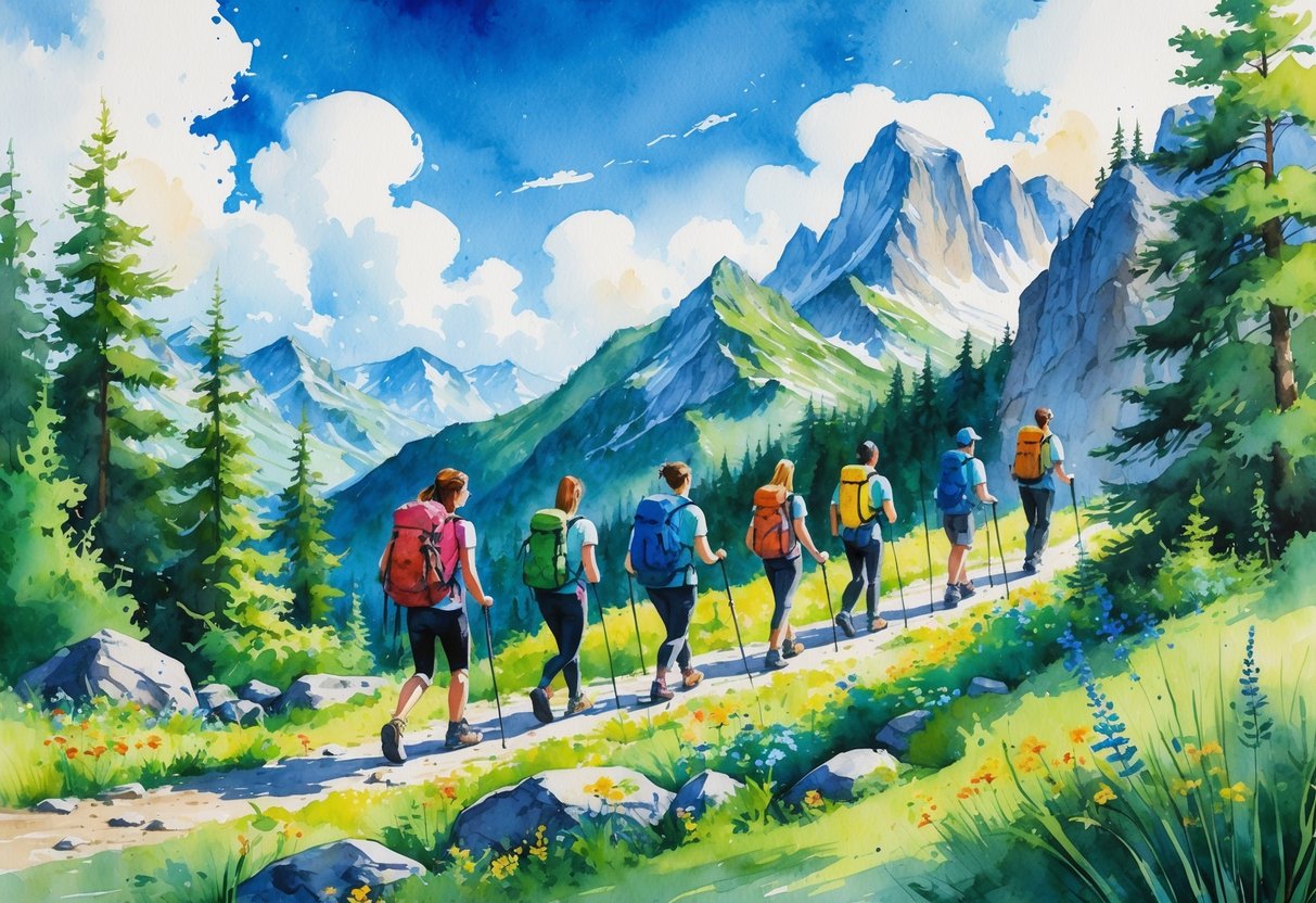 A group of hikers walking along a mountain trail surrounded by trees, wildflowers, and rocky peaks under a blue sky.