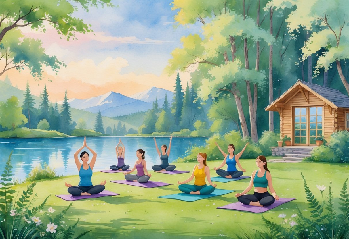People practicing yoga and meditation outdoors near a lake surrounded by trees and mountains, with a small cabin nearby.