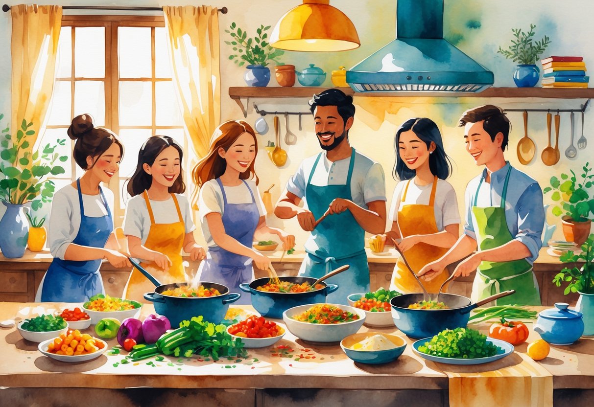People cooking together in a bright kitchen with fresh ingredients and cooking utensils on a wooden counter.