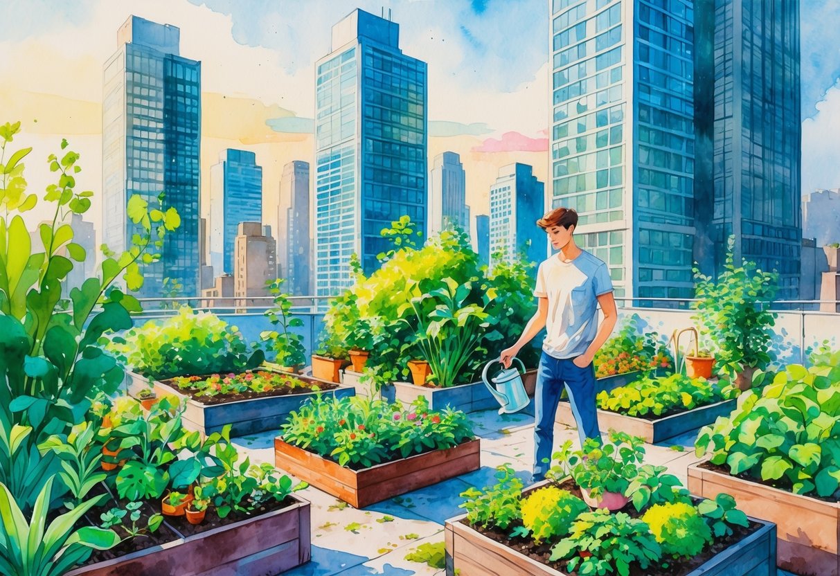 A person tending to plants and flowers on a rooftop garden surrounded by tall city buildings.