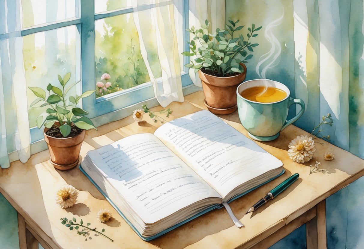 A peaceful scene showing an open journal on a wooden table near a window, with a cup of tea, a small plant, and dried flowers around it.