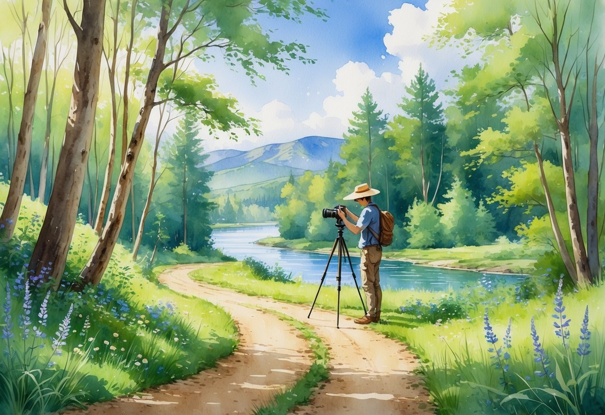 A person with a camera on a trail in a forest near a river and mountains under a blue sky.