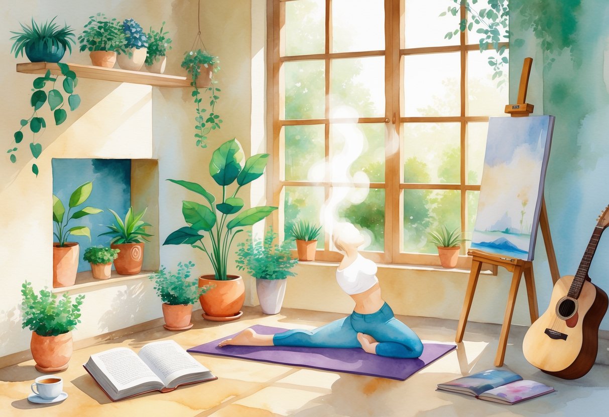 A peaceful room showing a person doing yoga, an open book with tea, potted plants, an artist's easel, and a guitar, all arranged to suggest relaxing offline hobbies.