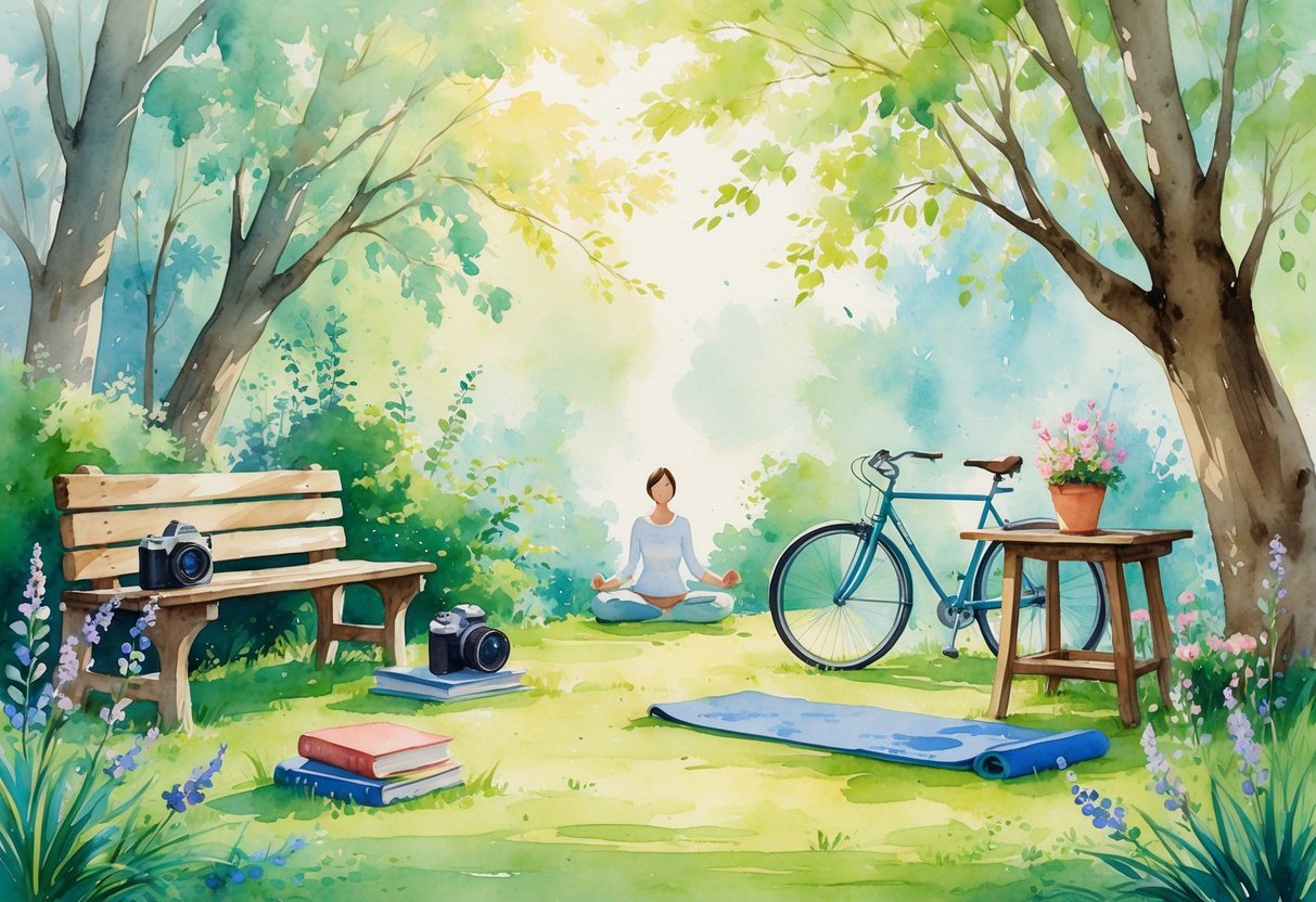 A peaceful garden scene showing a person meditating, a bicycle, a camera, books, a sketchbook, flowers, and a cup of tea arranged outdoors.