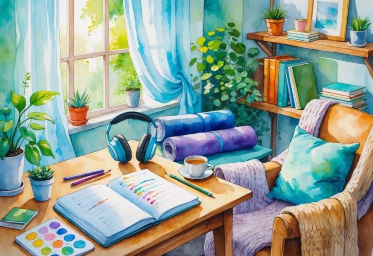 A peaceful study nook with a journal, pens, headphones, laptop, indoor plant, tea cup, yoga mat, art supplies, books, and a cozy armchair with a blanket.