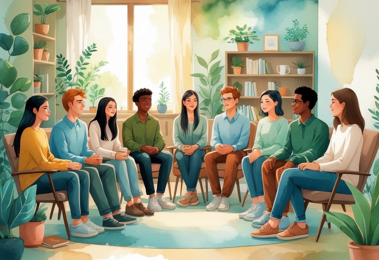A small group of young adults sitting in a circle, talking and supporting each other in a cozy room with plants and soft lighting.