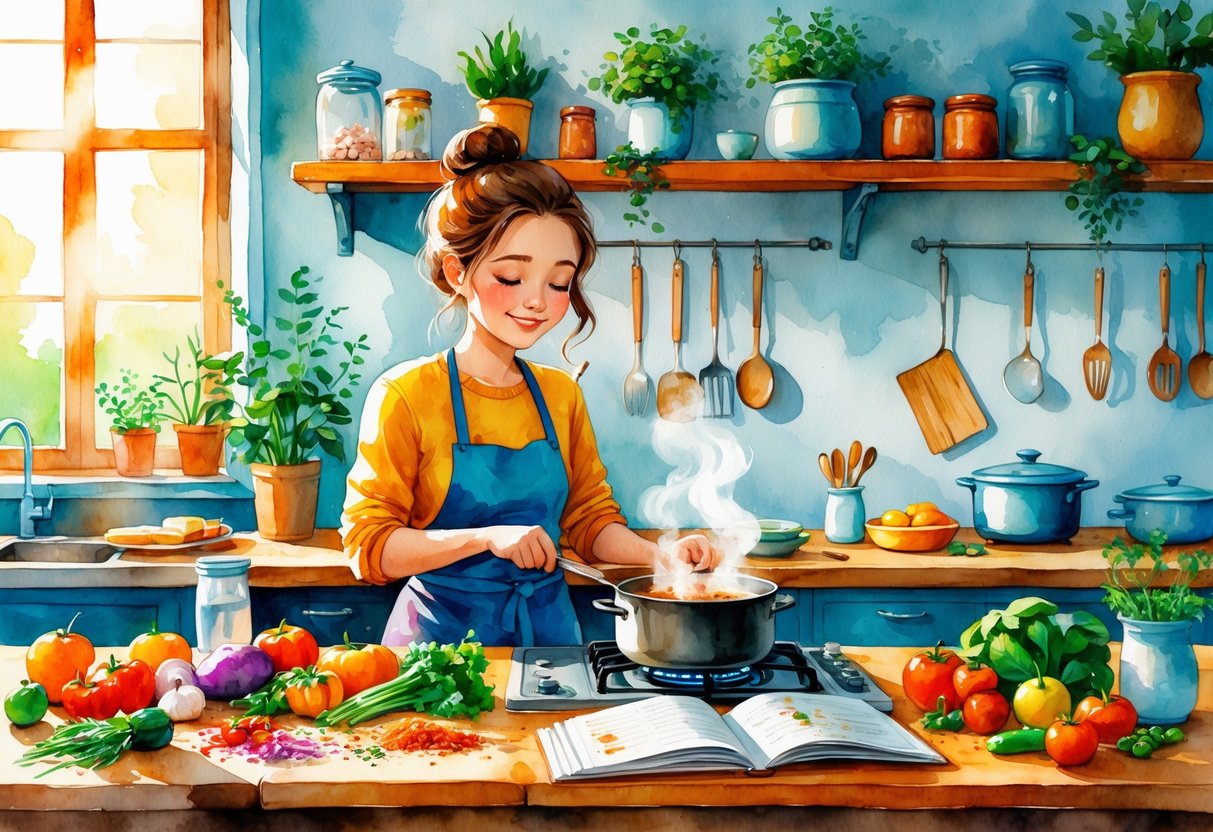 A person cooking in a cozy kitchen surrounded by fresh ingredients and cooking utensils.