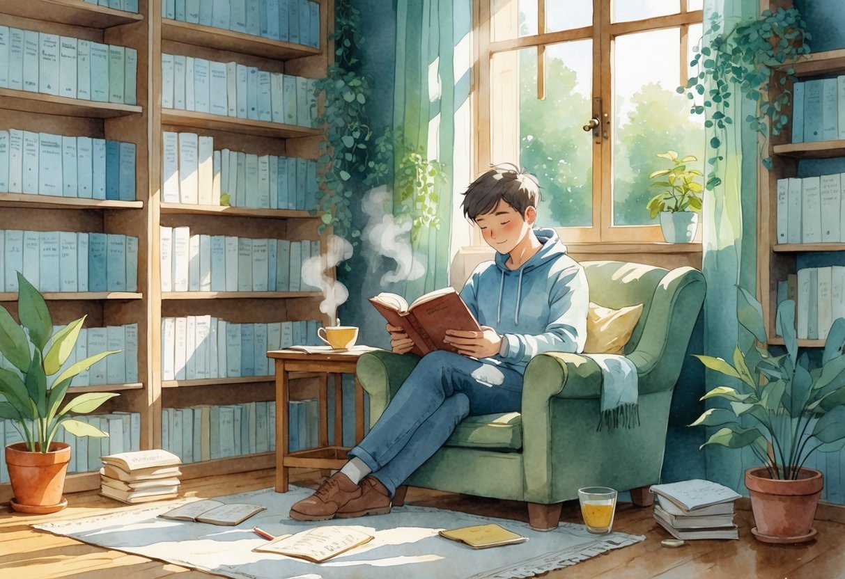 A person sitting in a cozy reading nook surrounded by books, reading a book with a cup of tea on a nearby table.