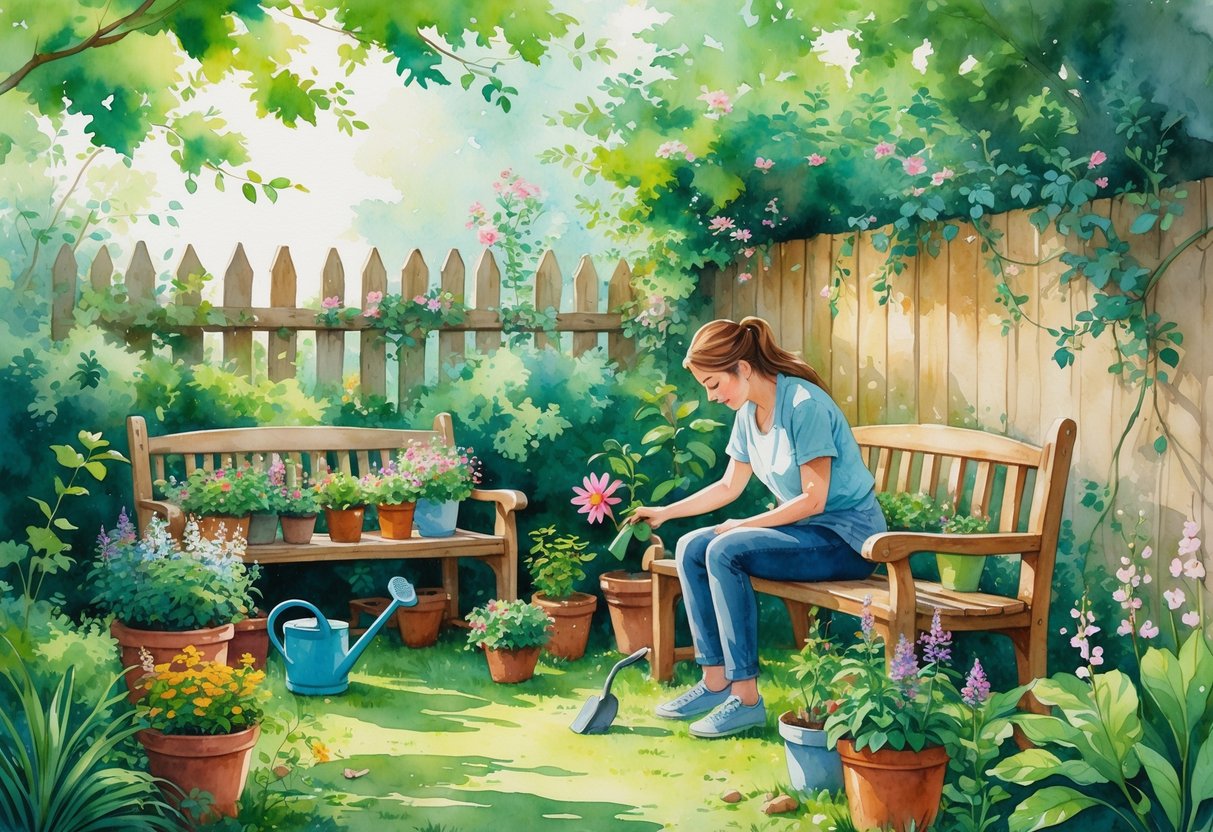 A person watering plants in a peaceful garden surrounded by flowers, greenery, and gardening tools.