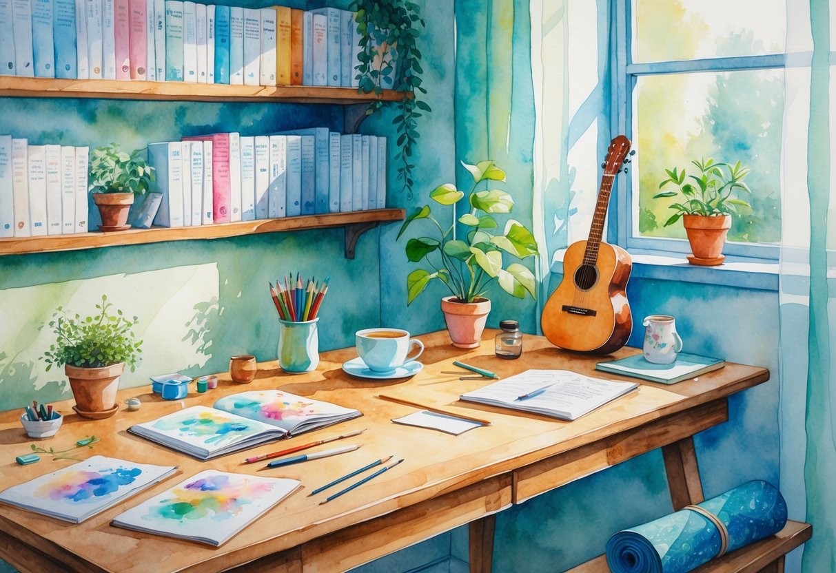 A cozy workspace with art supplies, books, a guitar, knitting materials, and a yoga mat arranged around a desk near a window.