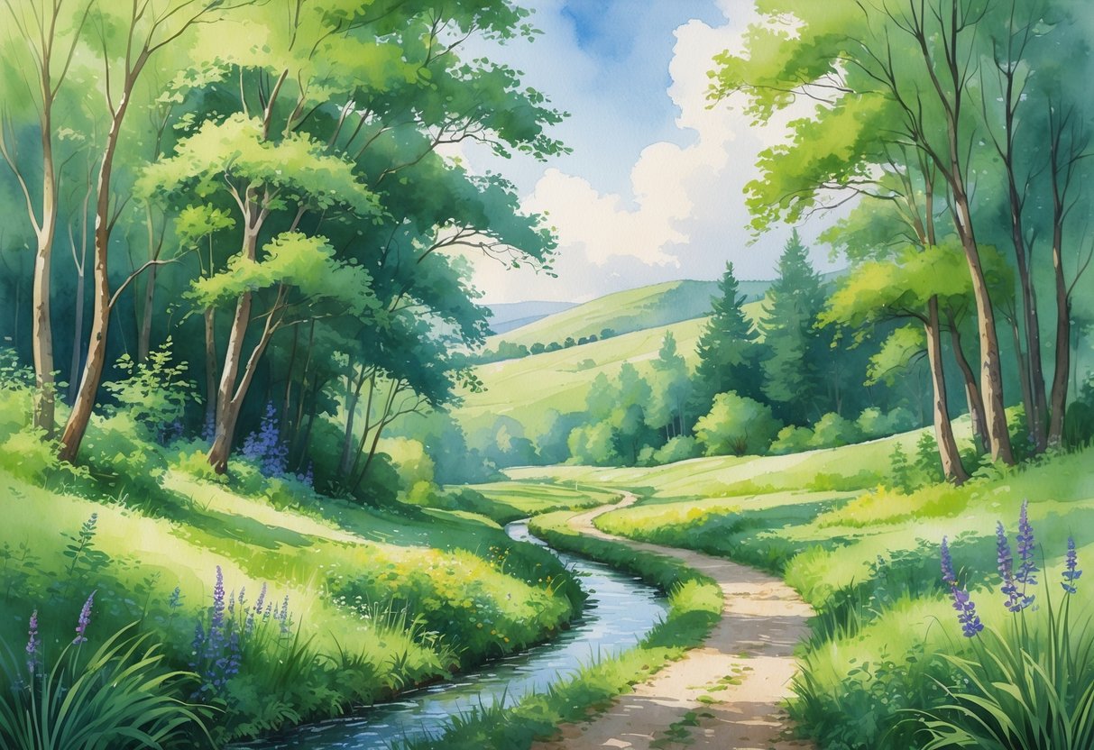A peaceful forest trail winding through tall trees and wildflowers with a small stream running alongside and hills in the distance.