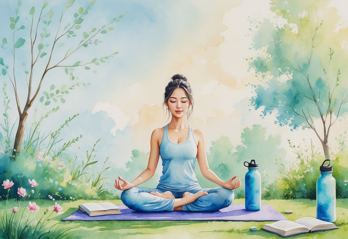A person sitting cross-legged on a yoga mat outdoors surrounded by trees and flowers, meditating peacefully.