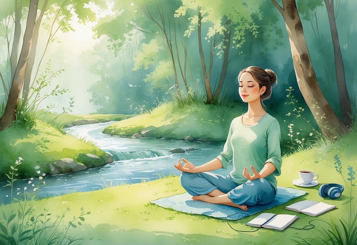 A person sitting cross-legged by a stream in a forest, meditating peacefully with eyes closed and hands resting on their knees.