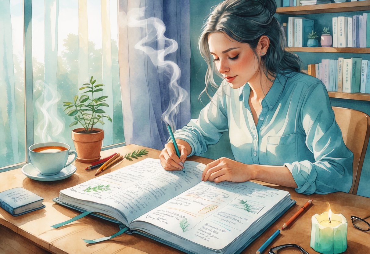 A young person writing in a journal at a desk by a window, surrounded by books, a cup of tea, and a small plant.