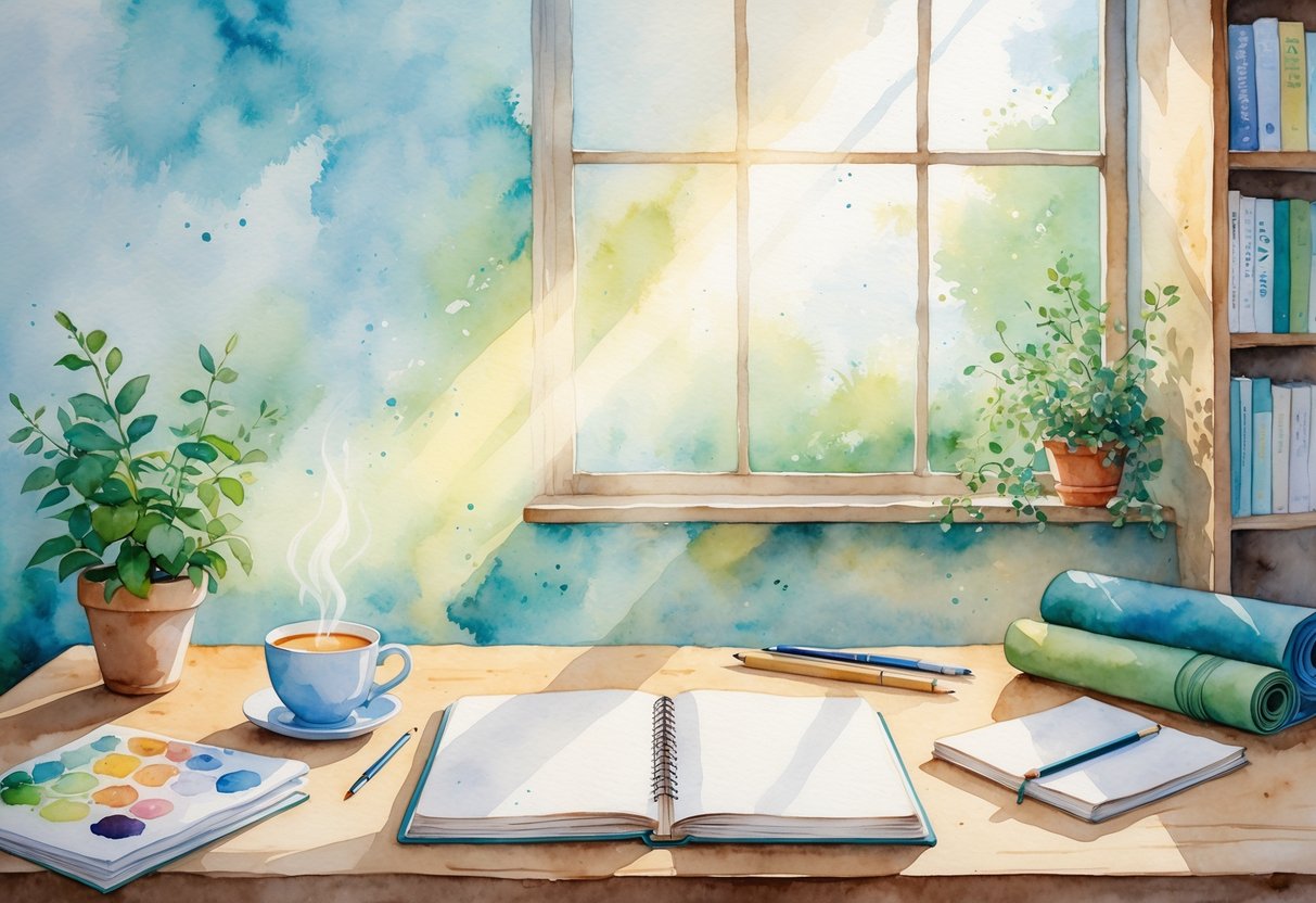 A peaceful study space with a desk, notebooks, a cup of tea, plants, art supplies, yoga mat, running shoes, and books, symbolizing hobbies and self-care for a therapist in training.