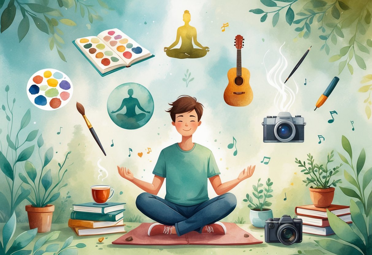 A graduate student sitting in a cozy study area surrounded by symbols of hobbies like painting, yoga, music, journaling, plants, knitting, photography, and tea.