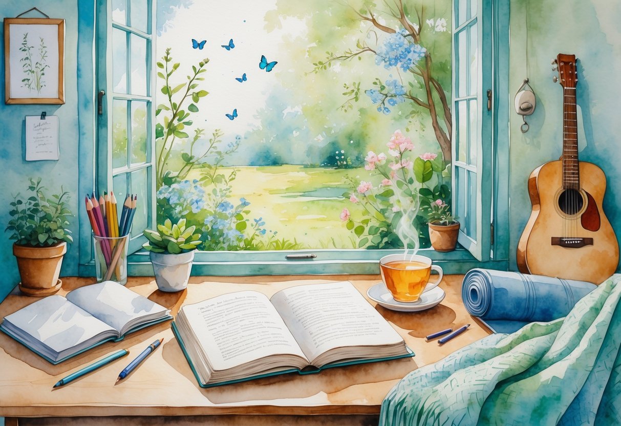A cozy study corner with a desk holding an open book, journal, pen, and cup of tea, a knitted blanket on a chair, a guitar nearby, a yoga mat in the corner, and a window showing a garden with flowers and butterflies.