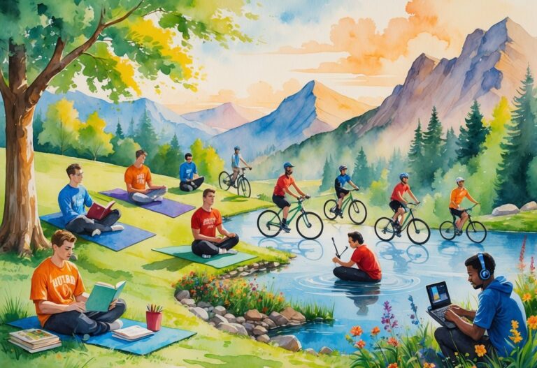 A collage showing college athletes enjoying various hobbies like reading, yoga, playing guitar, cycling, sketching, cooking, fishing, gardening, gaming, and meditating outdoors and indoors.