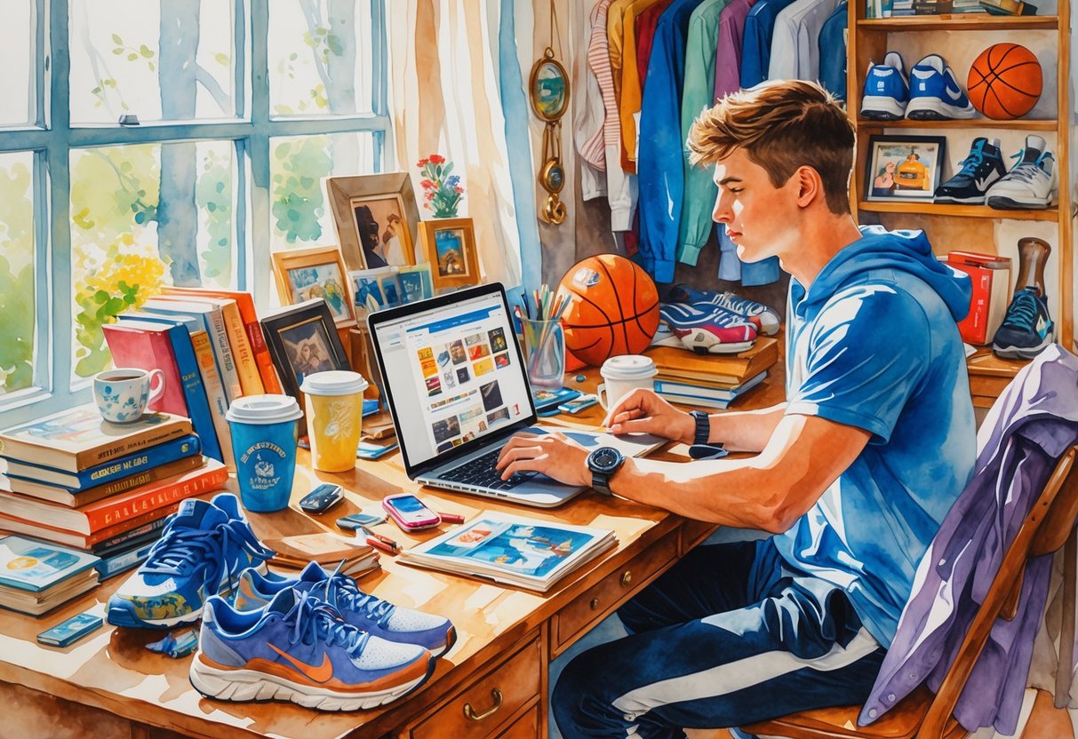 A young athlete sitting at a desk surrounded by thrift store items and a laptop, working on flipping items online in a cozy room.