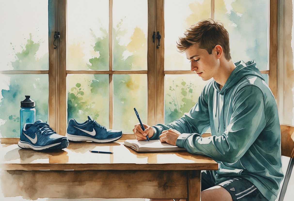 A young athlete writing in a journal at a desk near a window with natural light and athletic gear nearby.