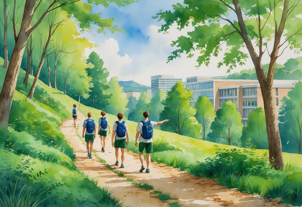 A group of people hiking on a forest trail near a university campus with trees and buildings in the background.