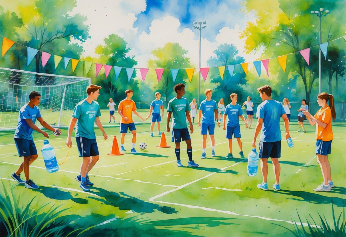 Young athletes volunteering at a community sports event in a park, helping set up and encouraging children playing soccer.