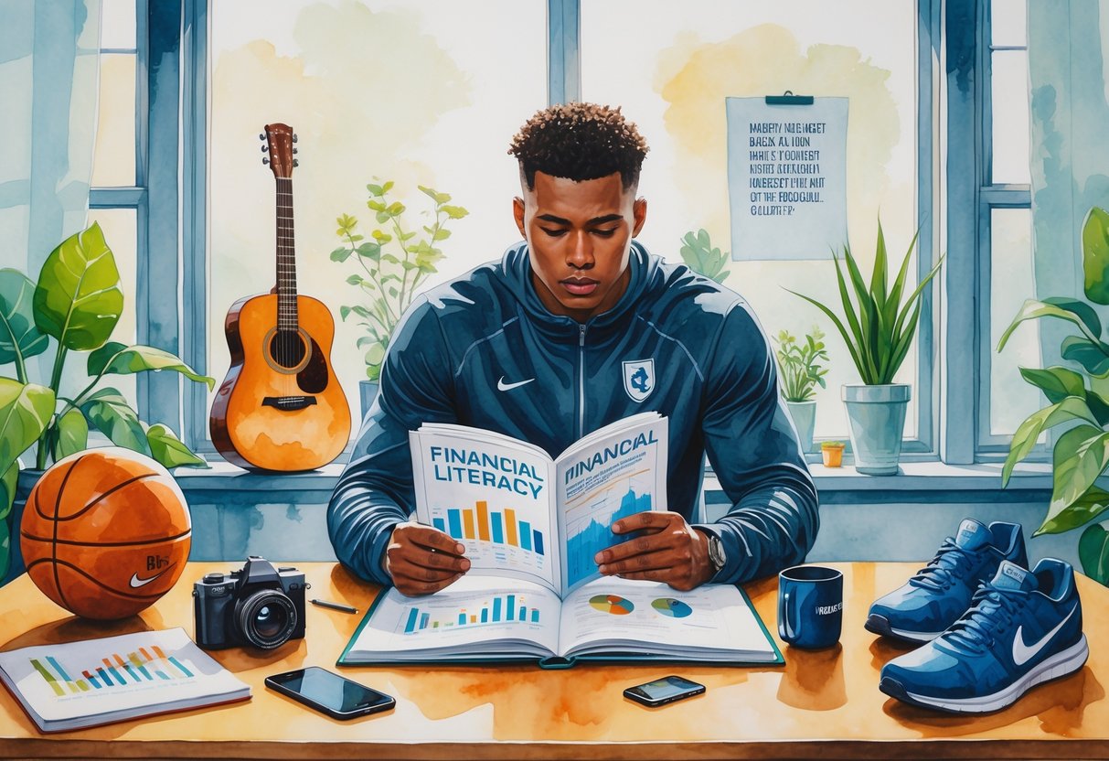 A college athlete sitting at a desk by a window, reading a financial literacy book surrounded by sports and hobby items like a basketball, guitar, and camera.