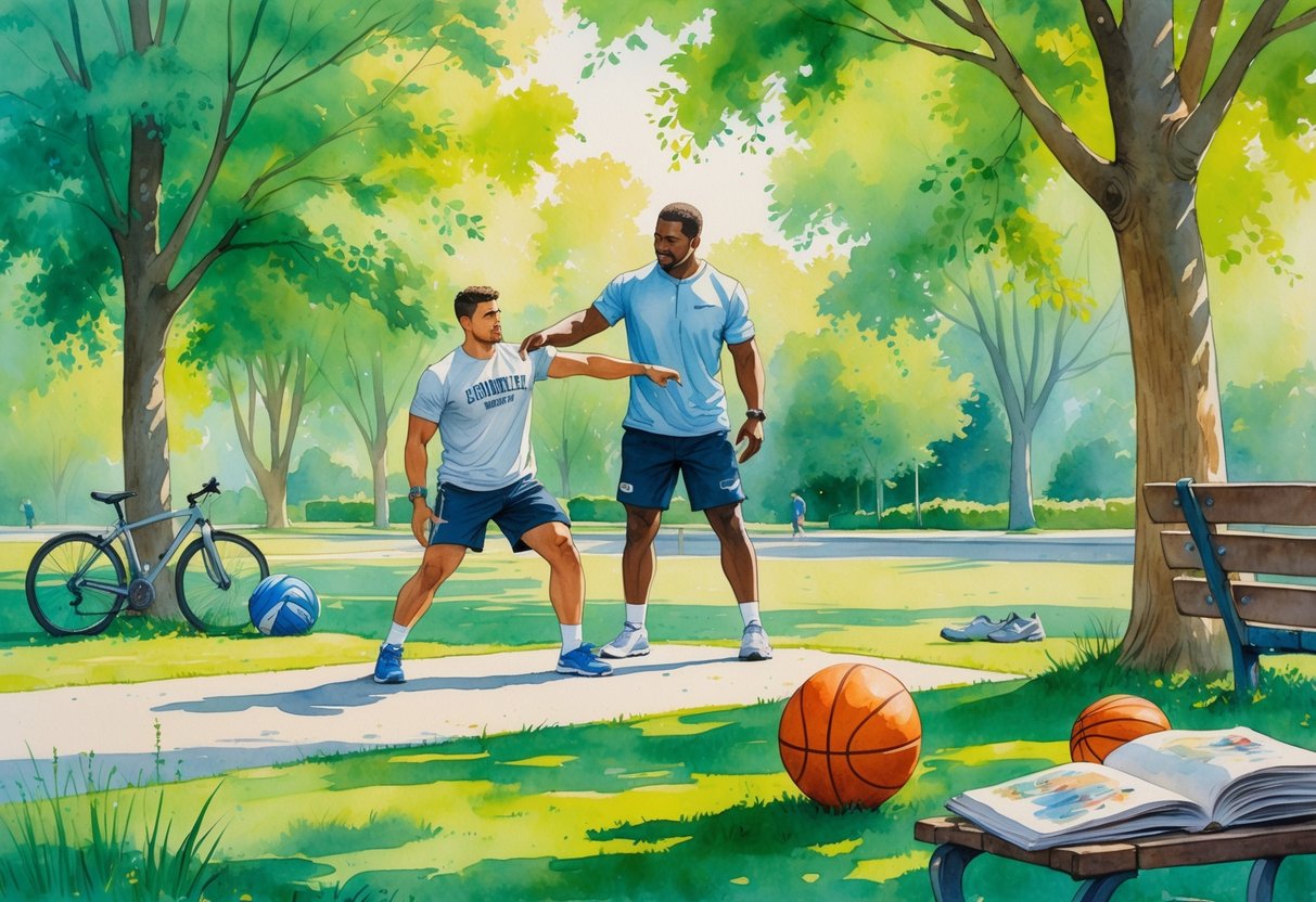 A college athlete and coach exercising together in a sunny park surrounded by trees, with sports equipment and hobby items nearby.