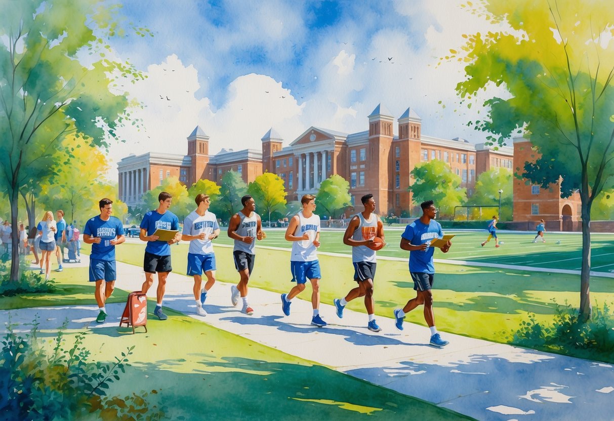 College athletes enjoying different hobbies like painting, playing guitar, reading, and jogging on a sunny campus with sports fields and buildings in the background.