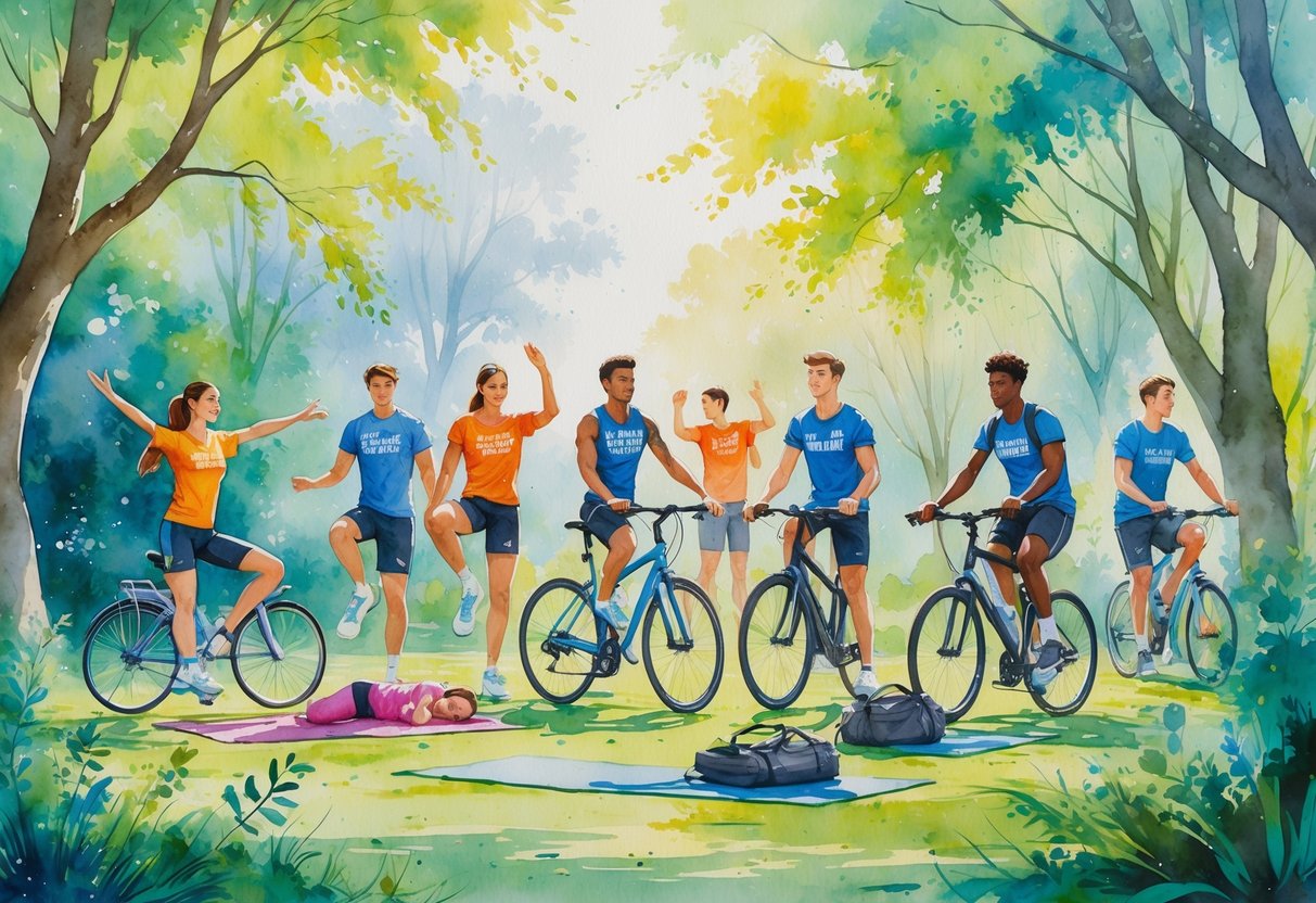 A group of college athletes enjoying different hobbies like yoga, cycling, hiking, and playing music together in a sunny park.