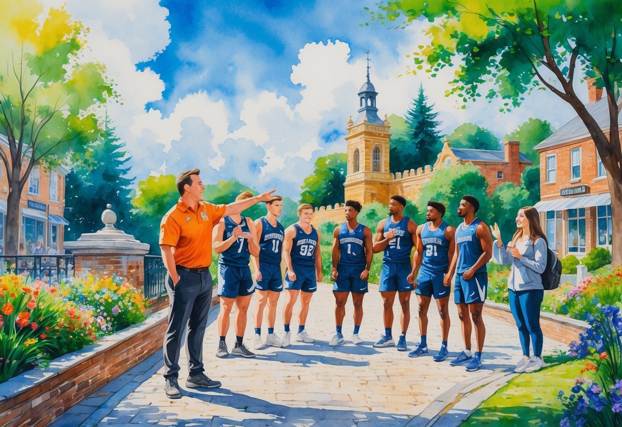 A tour guide showing a group of college athletes around a scenic local landmark surrounded by trees and flowers.