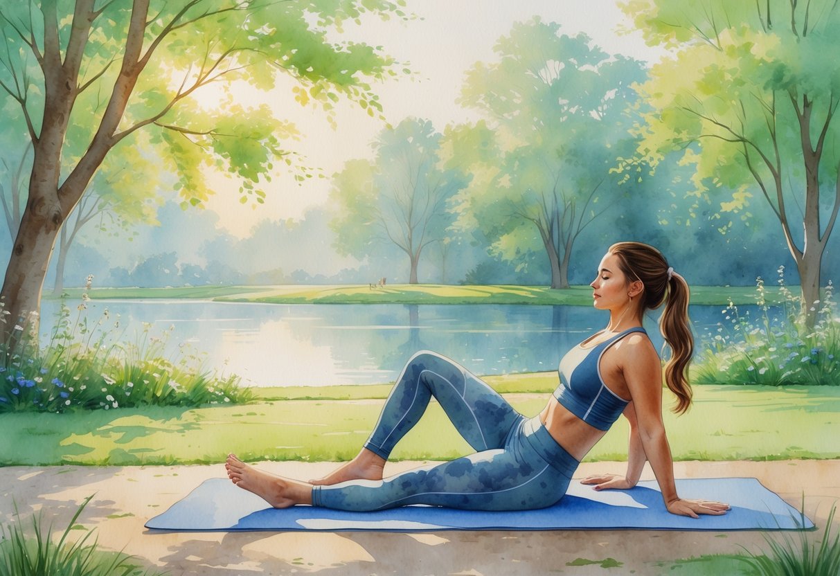 A young athlete practicing yoga outdoors in a peaceful park surrounded by trees and flowers near a calm pond.