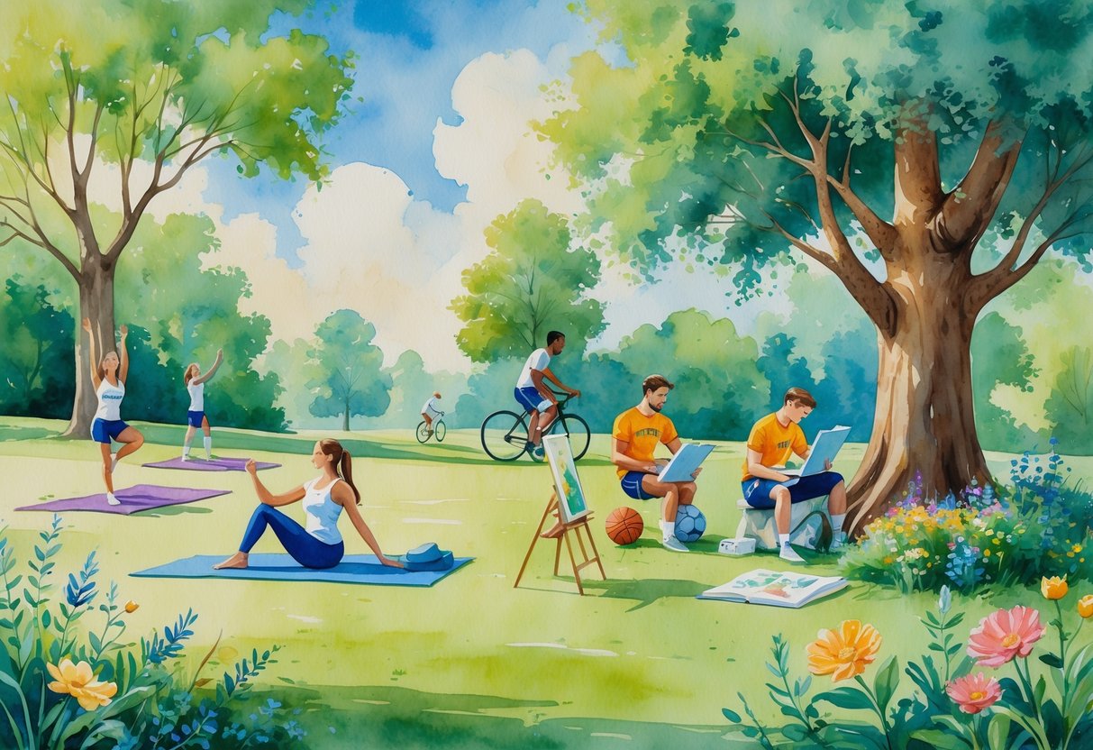 A group of college athletes enjoying various hobbies outdoors, including yoga, painting, reading, cycling, and gardening.