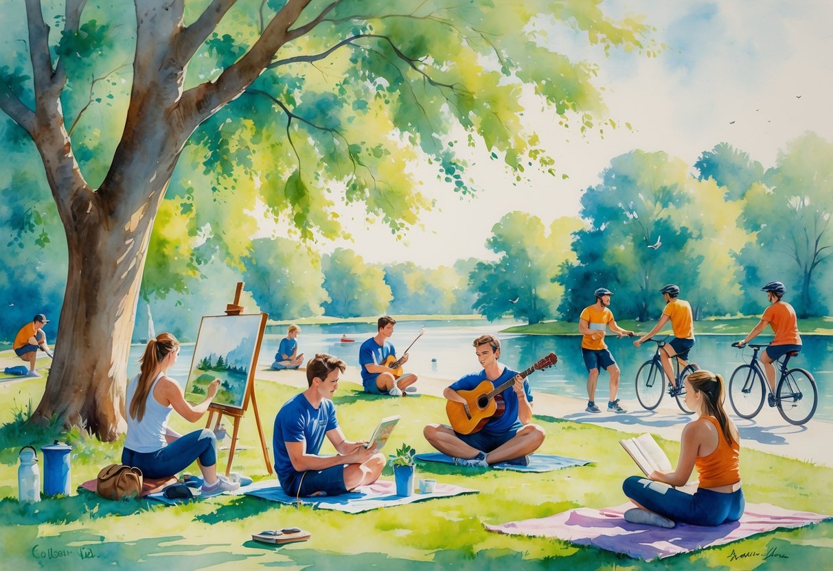 A group of college athletes enjoying hobbies outdoors in a park, including painting, playing guitar, reading, doing yoga, fishing, and cycling.