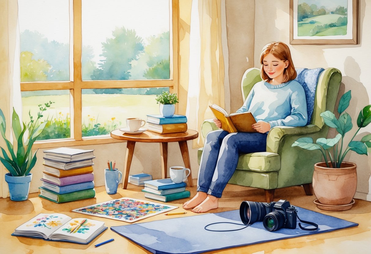 A person sitting peacefully in a cozy room surrounded by items representing hobbies like drawing, reading, tea, puzzles, knitting, journaling, plants, music, photography, and yoga.