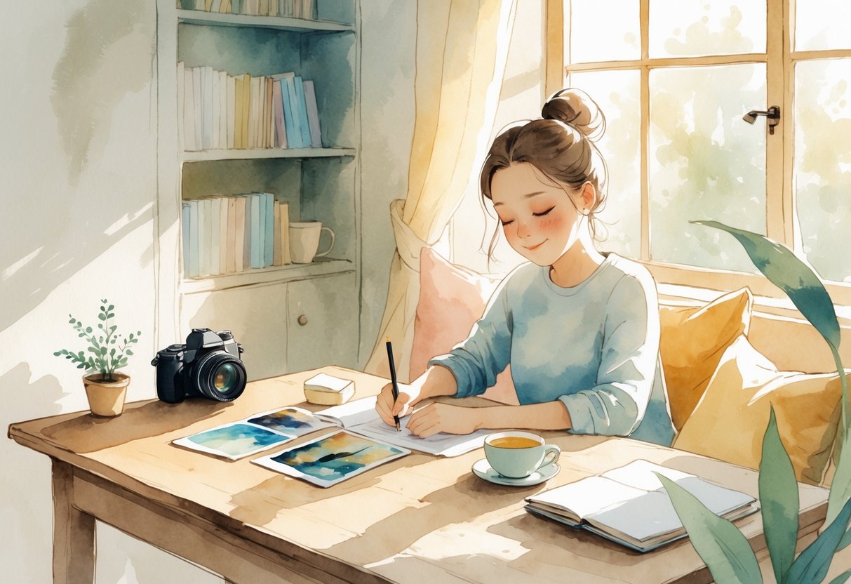 A person sitting at a wooden table in a cozy room, surrounded by a camera, photographs, sketchbooks, a cup of tea, and a small plant.